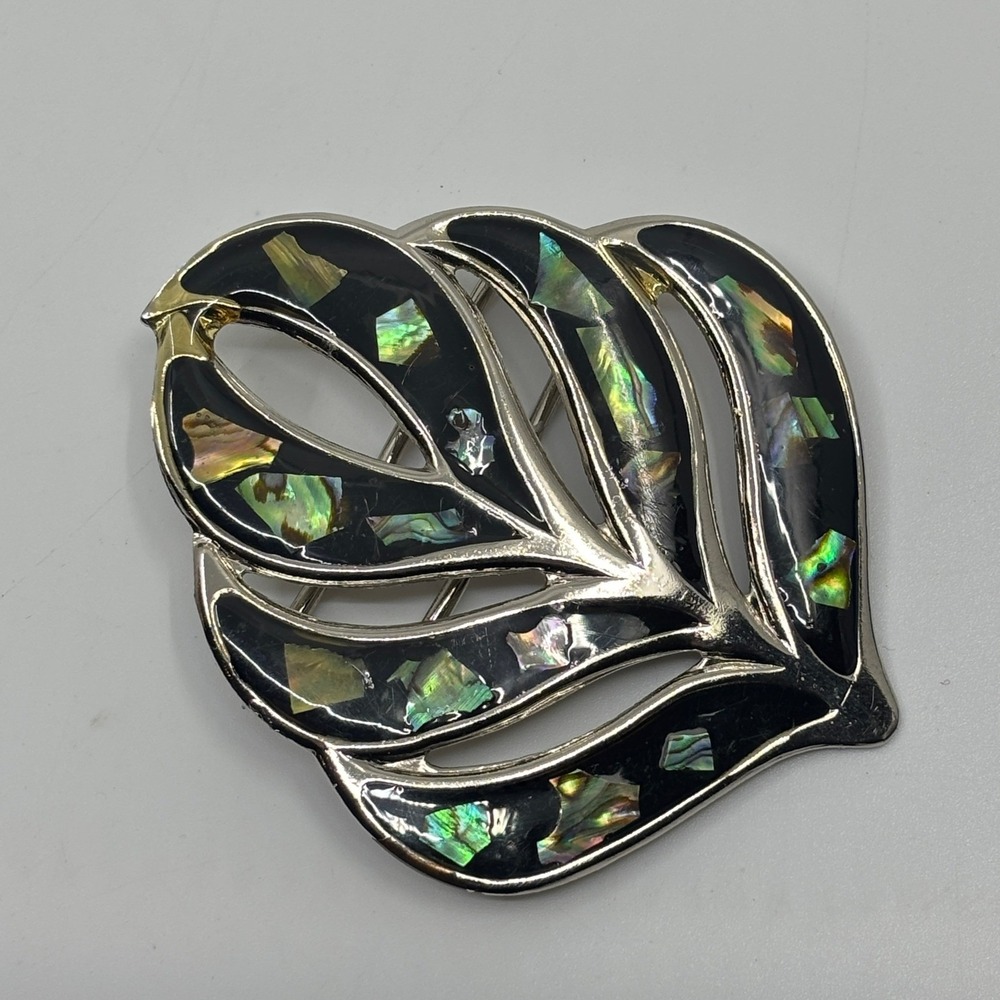 Vintage Silver Tone Black Enamel Abalone Shell Leaf Belt Buckle Retro Statement